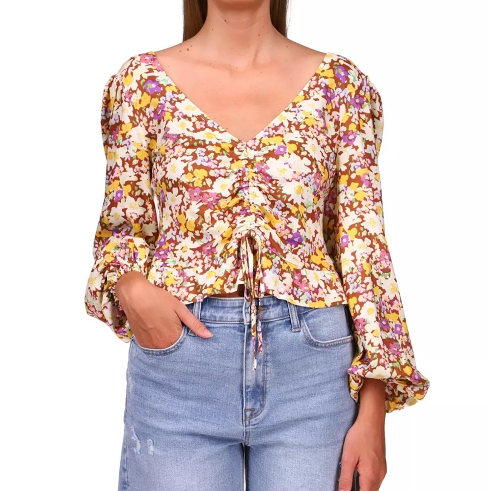 SANCTUARY Floral-Print Tie-Front Drawstring Top NWT